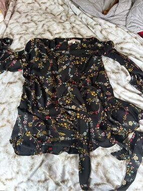 LOFT Black Floral Wrap Blouse with Multicolor Blossoms